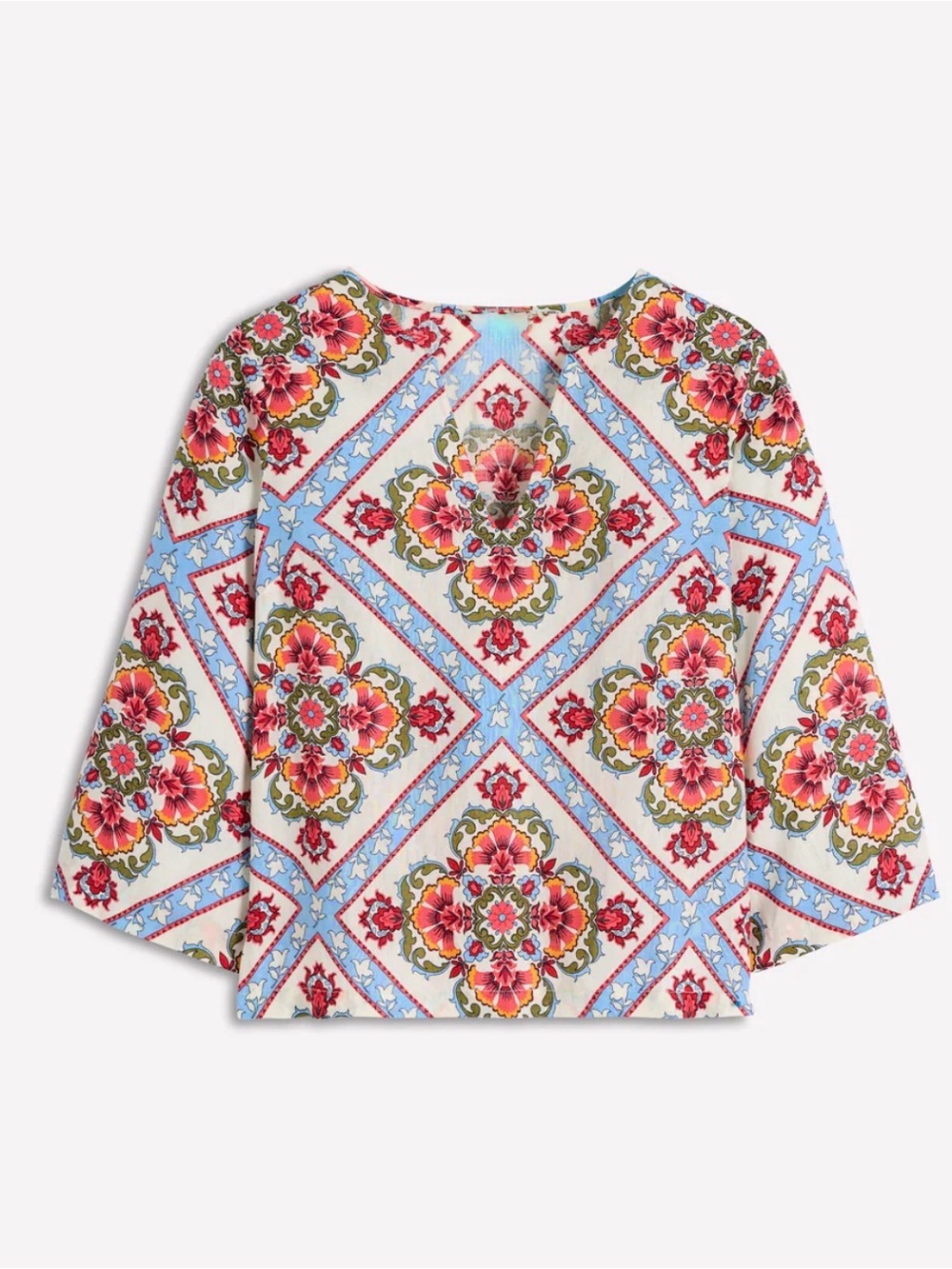 Boden Multicolor Floral Tile Print Blouse in Blue, Cream, Pink and Green